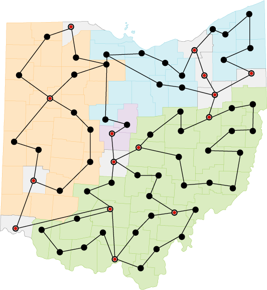 Map of Ohio: Counties are colored by organization, western: ComNet,Inc, Northern:OneCommunity, Southern:Horizon. Shows expanded connected PoPs and fiber  