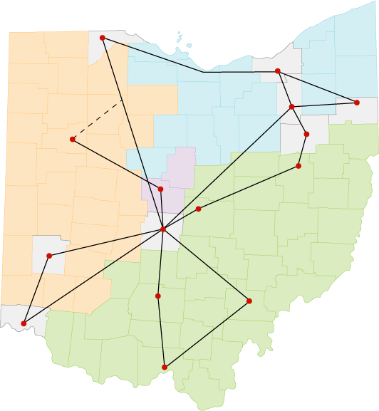 Map of Ohio: Counties color divided by organization - Western: ComNet (Orange), Inc, Northern:OneCommunity (Blue), Southern: Horizon (green). With OARnet current PoPs and backbone, Pre-Funding