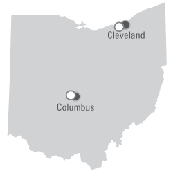 Map: Ohio - Recursive servers as gray dots located in Columbus; Authoritative Servers as white dots located in Columbus and Cleveland
